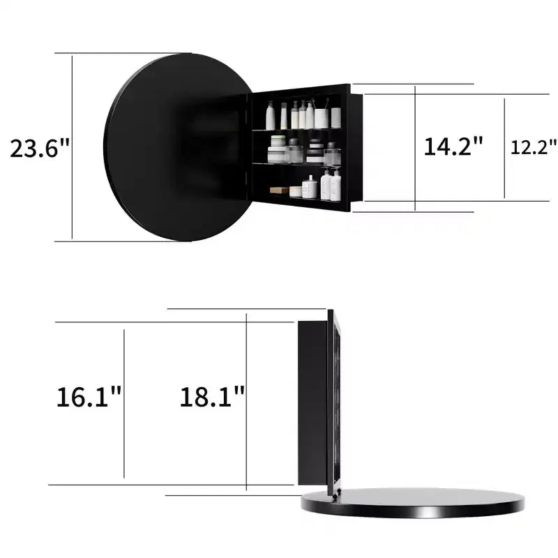 Armoire à pharmacie murale ronde noire/dorée avec miroir, 23,6 po