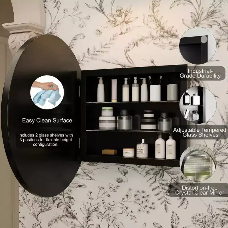 Armoire à pharmacie murale ronde noire/dorée avec miroir, 23,6 po