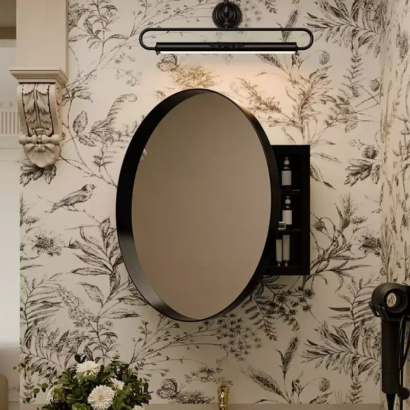 23.6 Inch Surface Mount Round Metal Framed Medicine Cabinet with Mirror and Adjustable Shelves Black Wall Mirror with Storage for Bathroom
