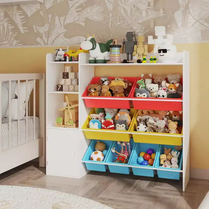 Étagère de rangement 4-en-1 pour enfants, blanche et multicolore, avec 8 bacs, pour 1 enfant