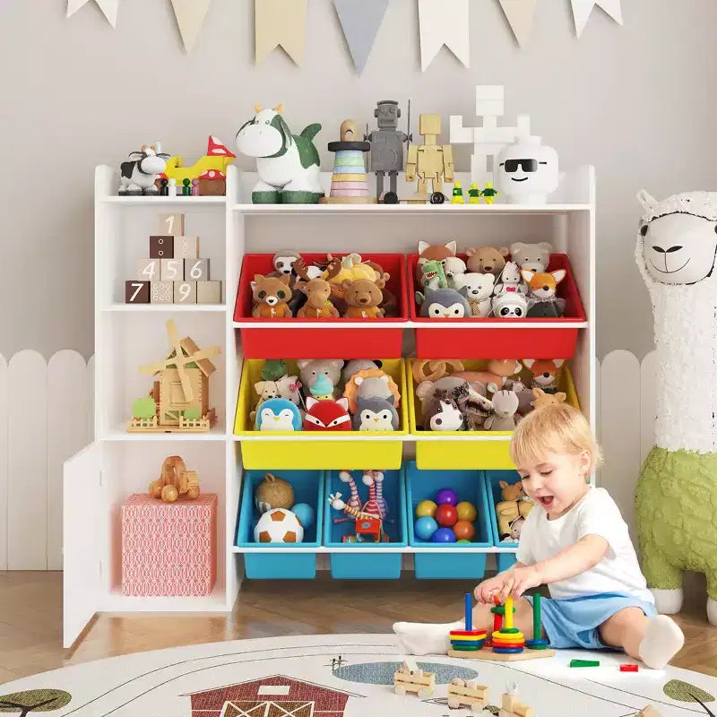 Étagère de rangement 4-en-1 pour enfants, blanche et multicolore, avec 8 bacs, pour 1 enfant