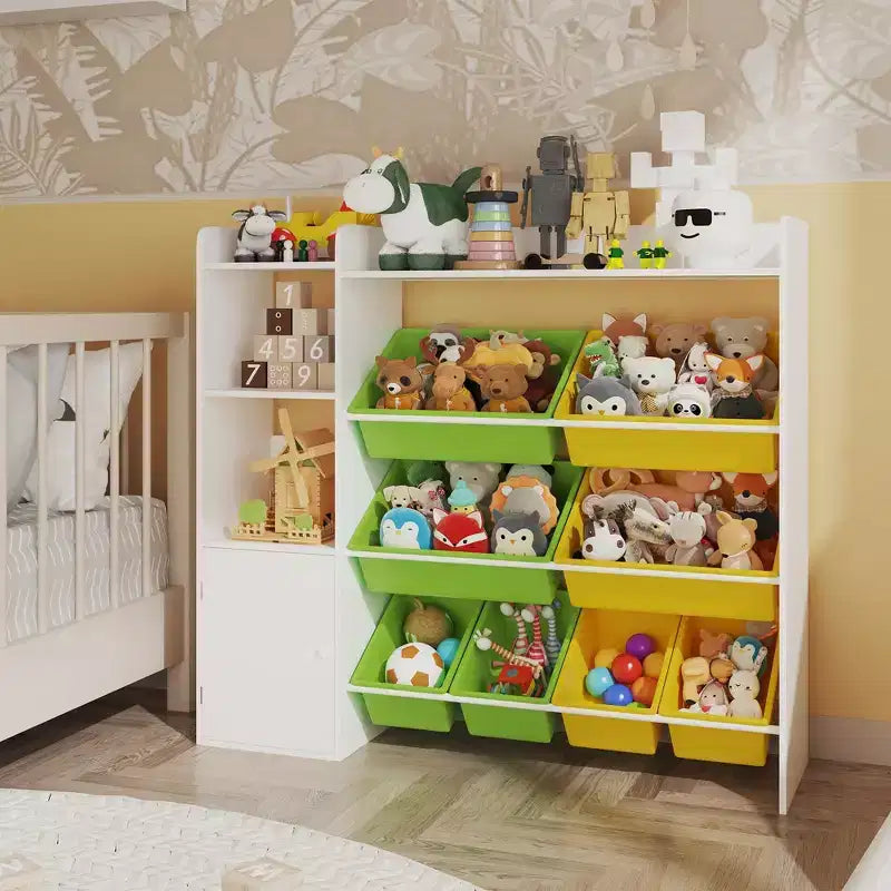 Étagère de rangement 4-en-1 pour enfants, blanche et multicolore, avec 8 bacs, pour 1 enfant