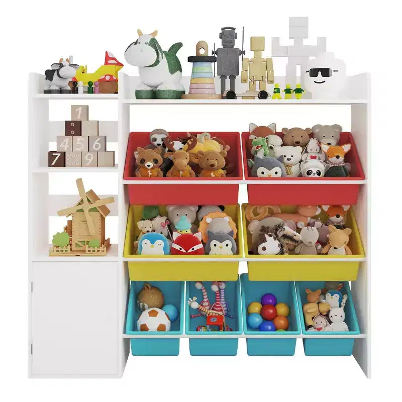 Étagère de rangement 4-en-1 pour enfants, blanche et multicolore, avec 8 bacs, pour 1 enfant
