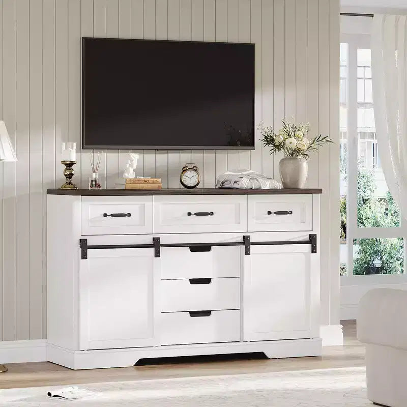 Farmhouse Dresser of Drawers,52 Wide Rustic Dresser Organizer with 6 Drawers,2 Sliding Doors and Lighted Mirror for Bedroom Living Room Dining Room