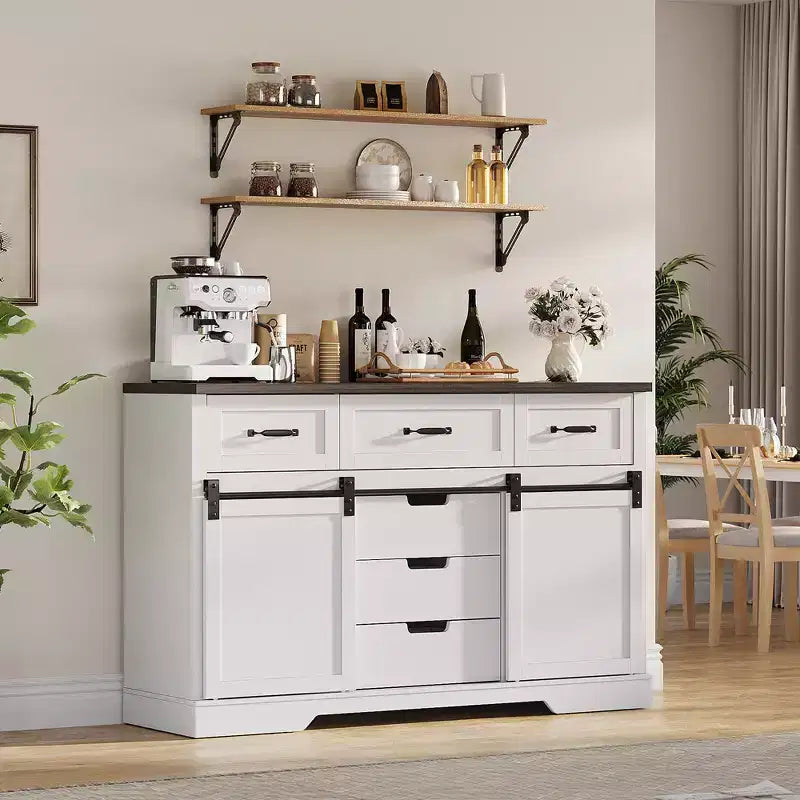 Commode de ferme rustique marron avec miroir éclairé, 6 tiroirs et 2 portes coulissantes, simple