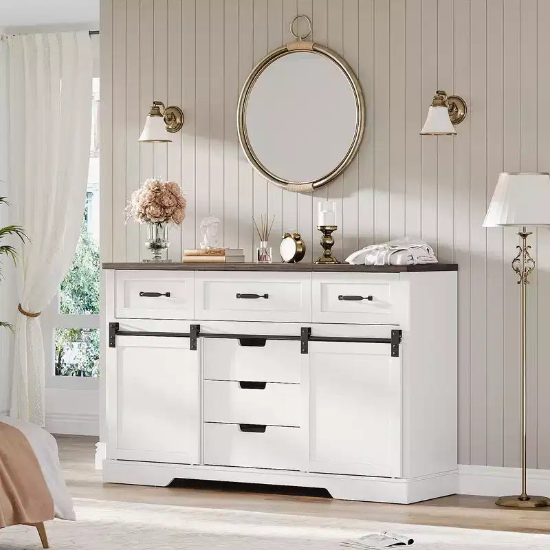 Commode de ferme rustique marron avec miroir éclairé, 6 tiroirs et 2 portes coulissantes, simple