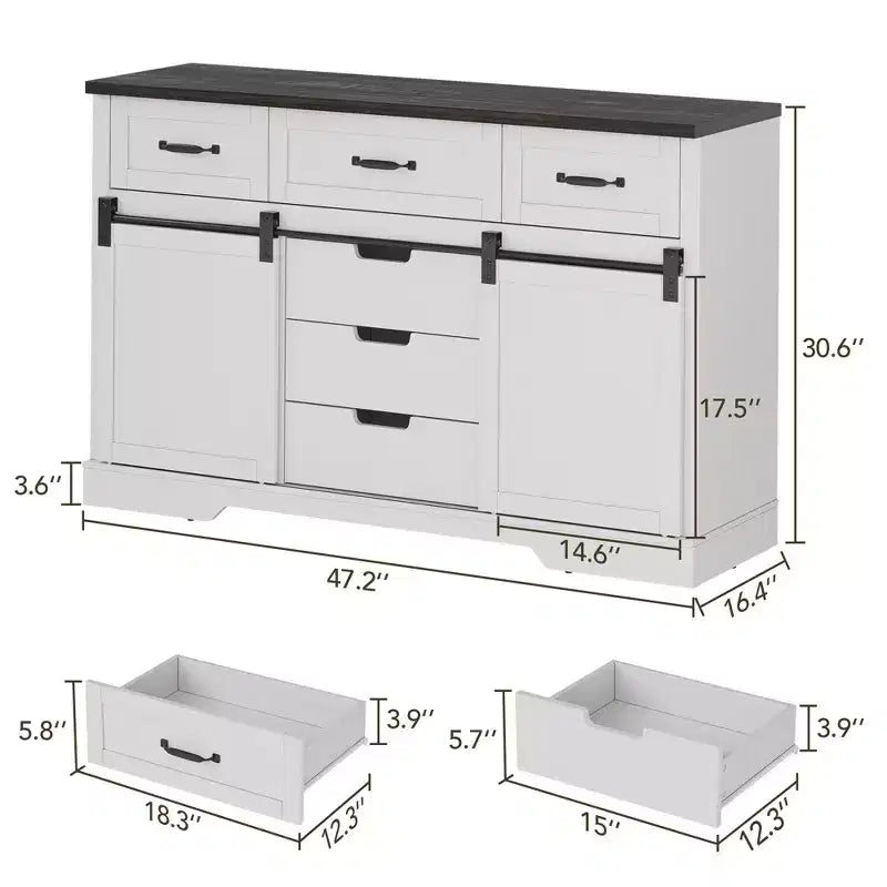 Commode de ferme rustique marron avec miroir éclairé, 6 tiroirs et 2 portes coulissantes, simple