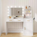 Modern Vanity Makeup Desk with Lighted and Mirror,Dressing Table with Charging Station, 3 Drawers, 2 Cubbies, 1 Cabinet & Open Shelves