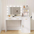 Modern Vanity Makeup Desk with Lighted and Mirror,Dressing Table with Charging Station, 3 Drawers, 2 Cubbies, 1 Cabinet & Open Shelves