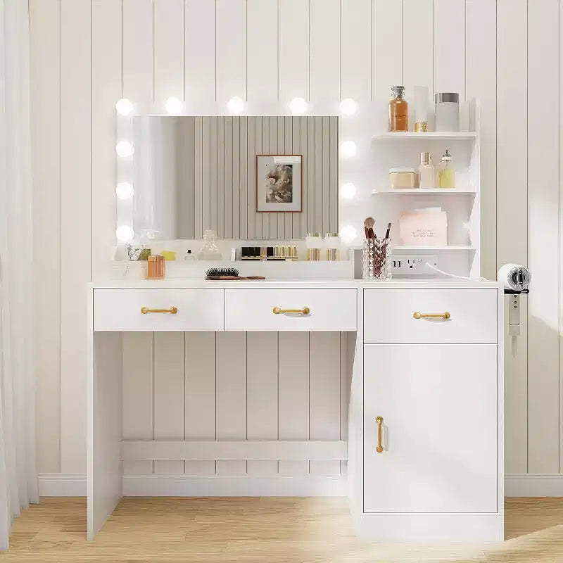 Modern Vanity Makeup Desk with Lighted and Mirror,Dressing Table with Charging Station, 3 Drawers, 2 Cubbies, 1 Cabinet & Open Shelves
