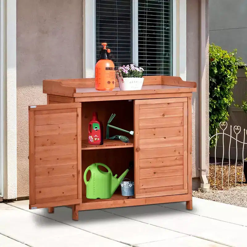 Établi de jardinage en bois gris/orange avec armoire, 1 personne, 99 cm (L) x 48,5 cm (l) x 95 cm (H)