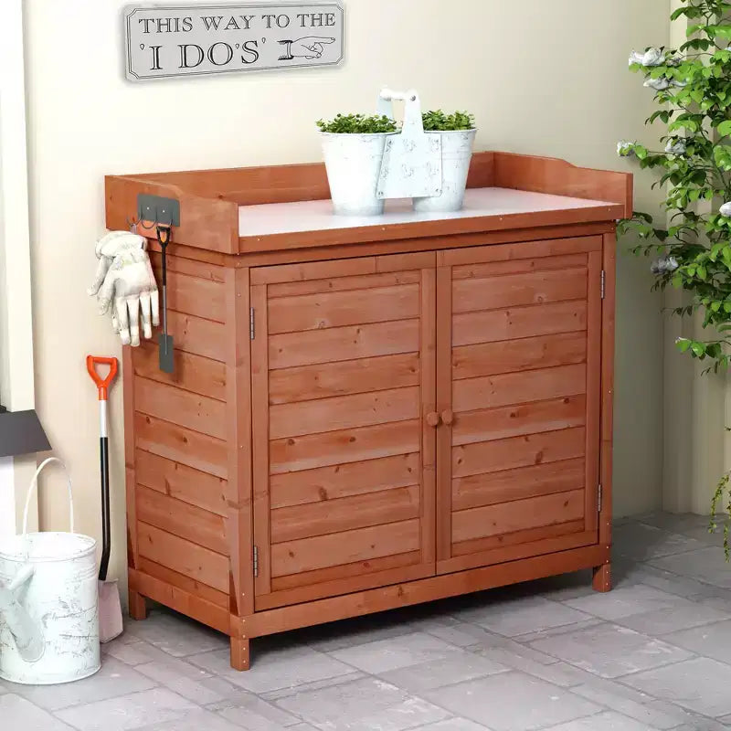 Établi de jardinage en bois gris/orange avec armoire, 1 personne, 99 cm (L) x 48,5 cm (l) x 95 cm (H)
