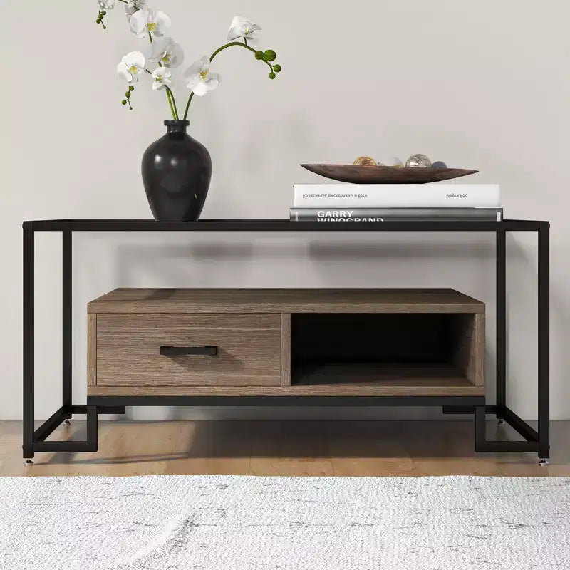 Table basse rectangulaire noire avec 2 tiroirs et une étagère de rangement, pour 1