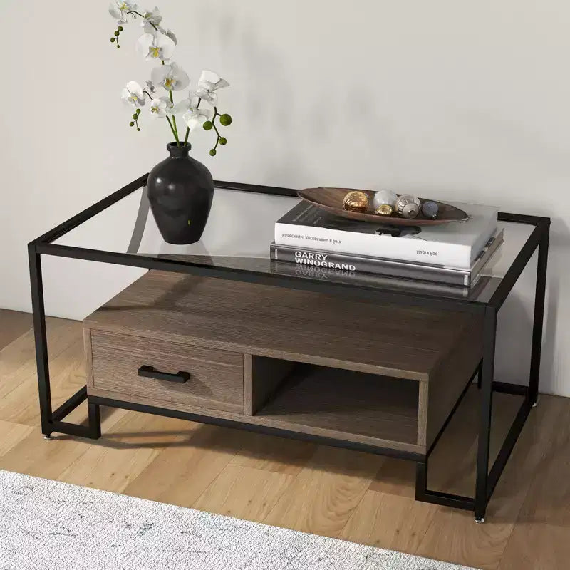 Table basse rectangulaire noire avec 2 tiroirs et une étagère de rangement, pour 1