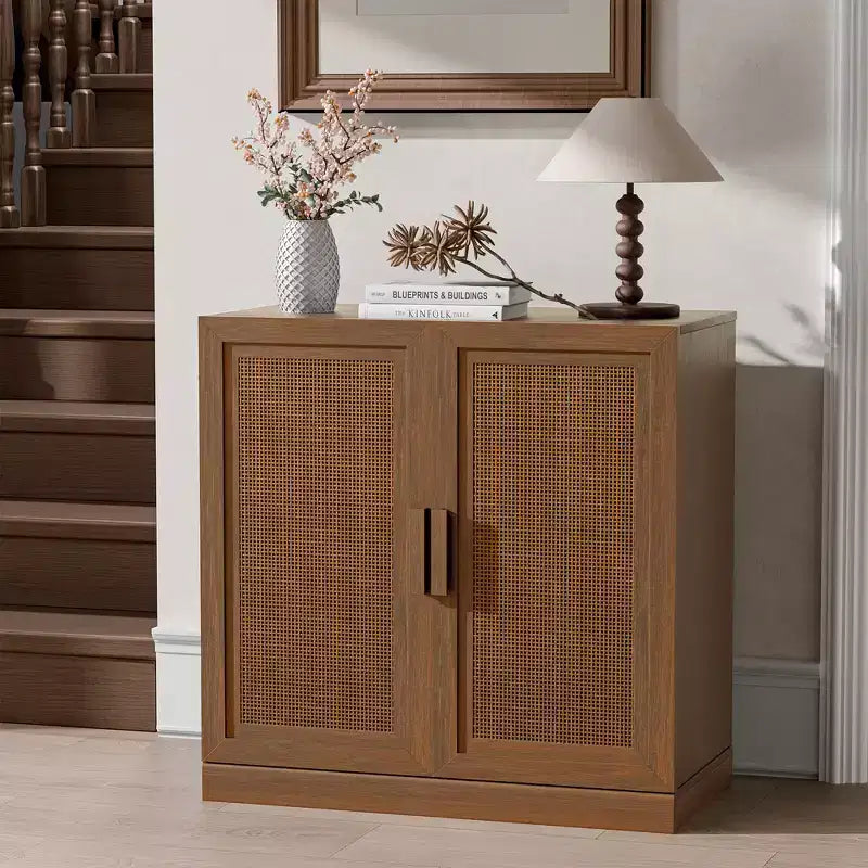 Meuble de rangement en rotin et noyer clair avec porte, 2 étagères, 1 personne