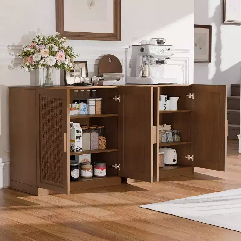 Meuble de rangement en rotin et noyer clair avec porte, 2 étagères, 1 personne