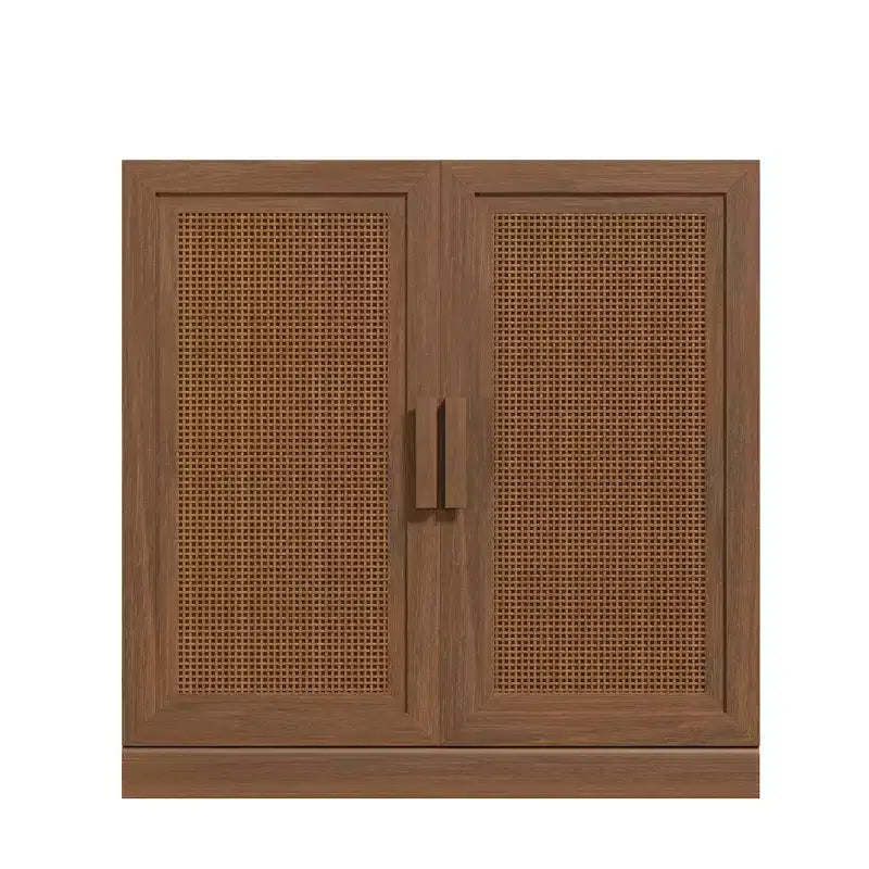 Meuble de rangement en rotin et noyer clair avec porte, 2 étagères, 1 personne