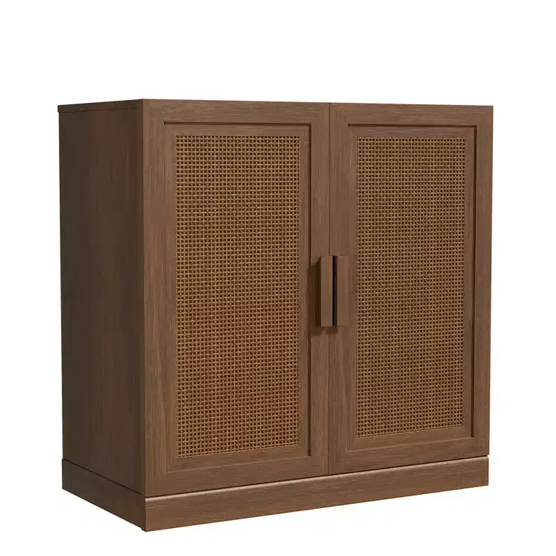 Meuble de rangement en rotin et noyer clair avec porte, 2 étagères, 1 personne
