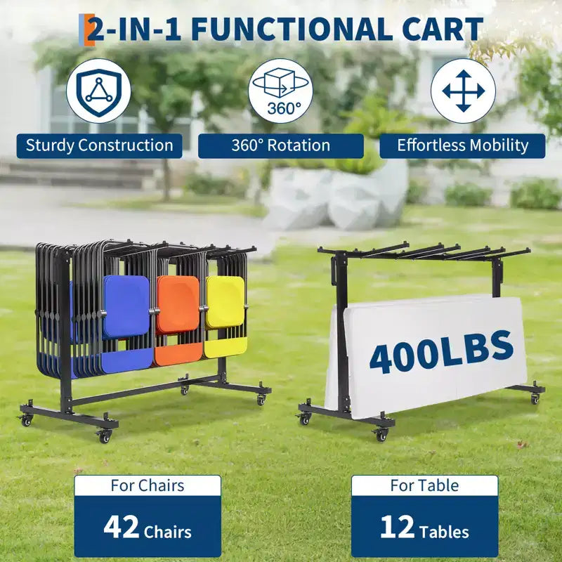 Chariot pliant en métal noir pour chaises et tables avec roulettes, double/simple couche, peut contenir 42 chaises ou 12 tables