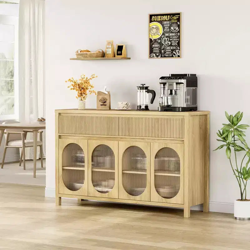 COZONY Sideboard Buffet Cabinet, 4 Glass Door Storage 2 Fluted Drawer Front for Dining Room Living Room Kitchen