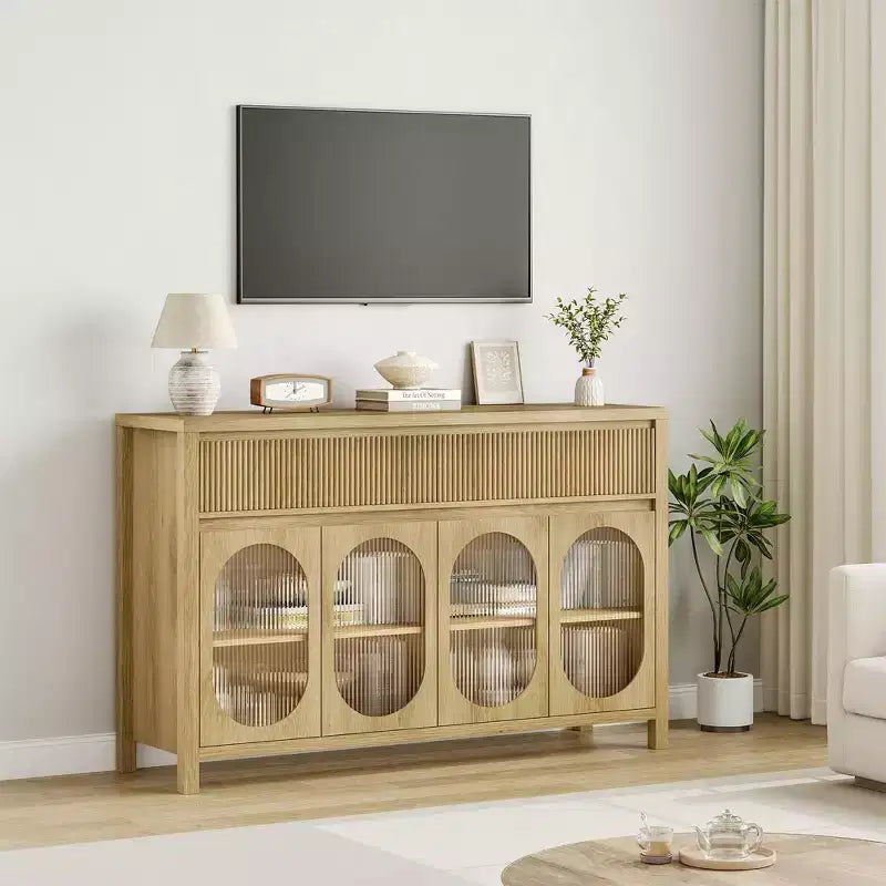 Buffet en chêne naturel avec 4 portes vitrées et 2 tiroirs cannelés