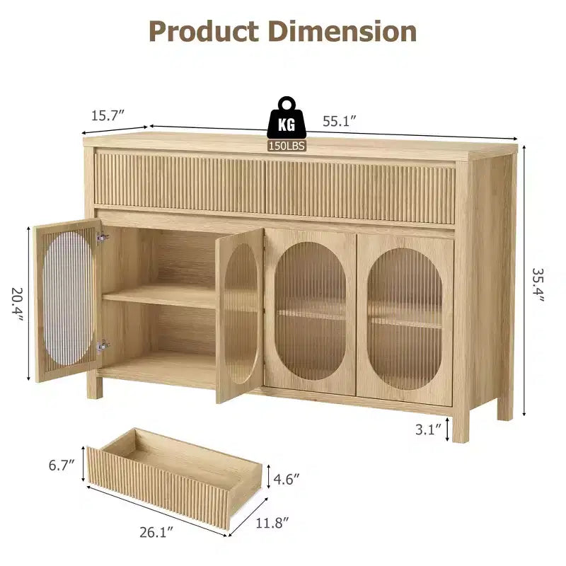 Buffet en chêne naturel avec 4 portes vitrées et 2 tiroirs cannelés