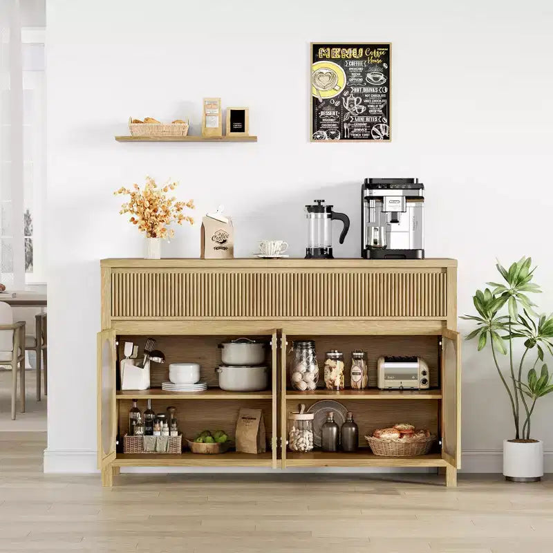 Buffet en chêne naturel avec 4 portes vitrées et 2 tiroirs cannelés