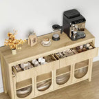Buffet en chêne naturel avec 4 portes vitrées et 2 tiroirs cannelés