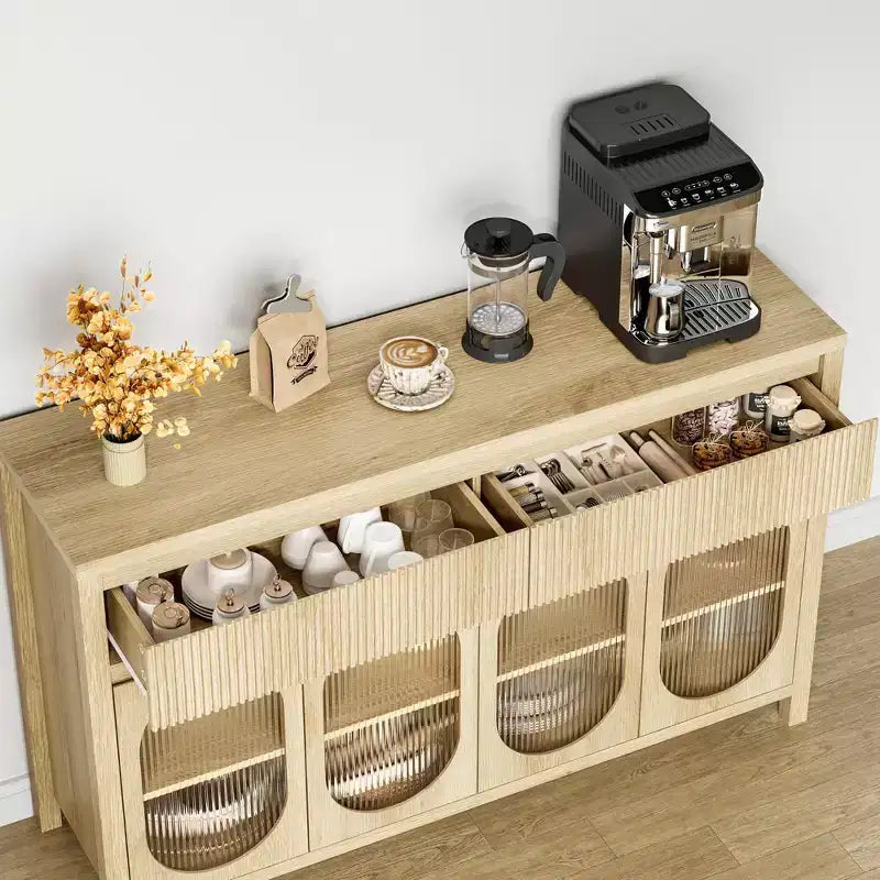 Buffet en chêne naturel avec 4 portes vitrées et 2 tiroirs cannelés