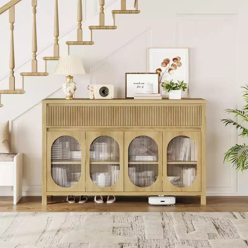 Buffet en chêne naturel avec 4 portes vitrées et 2 tiroirs cannelés