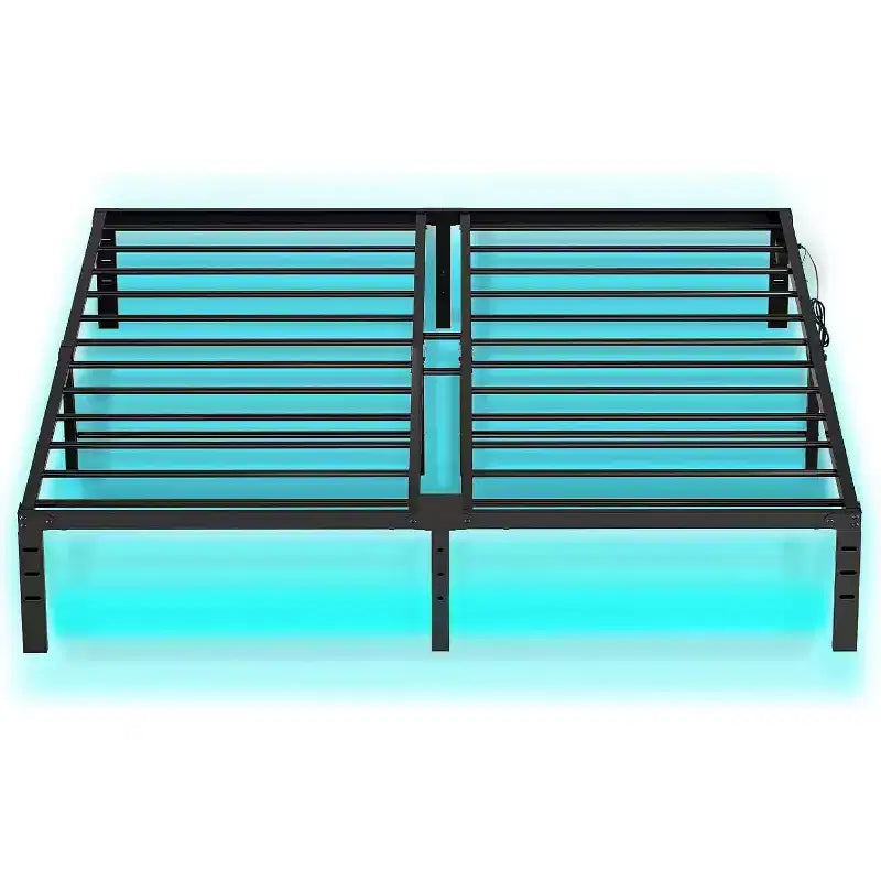 Cadre de lit plateforme en métal noir King Size avec lumières LED et station de recharge, 2 personnes