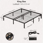 Cadre de lit plateforme en métal noir King Size avec lumières LED et station de recharge, 2 personnes