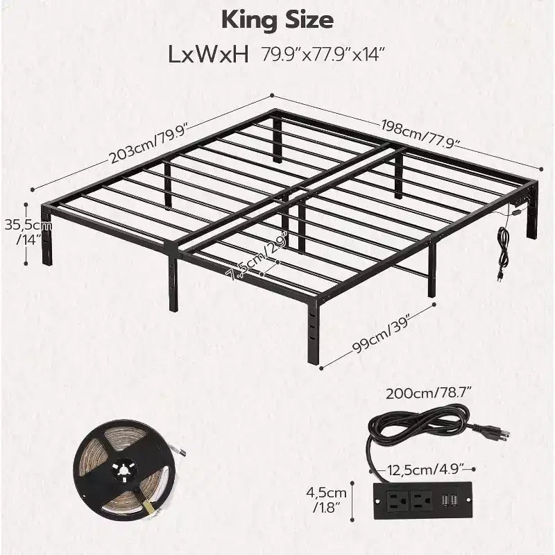 Cadre de lit plateforme en métal noir King Size avec lumières LED et station de recharge, 2 personnes