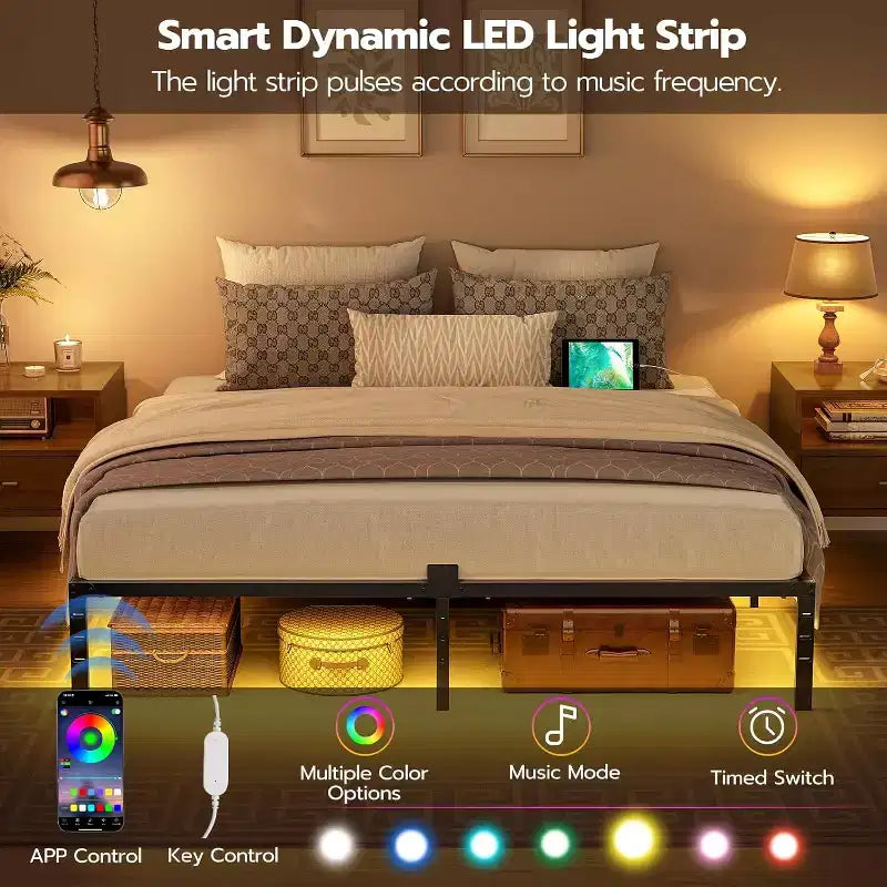 Cadre de lit plateforme en métal noir King Size avec lumières LED et station de recharge, 2 personnes
