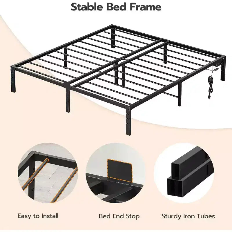 Cadre de lit plateforme en métal noir King Size avec lumières LED et station de recharge, 2 personnes