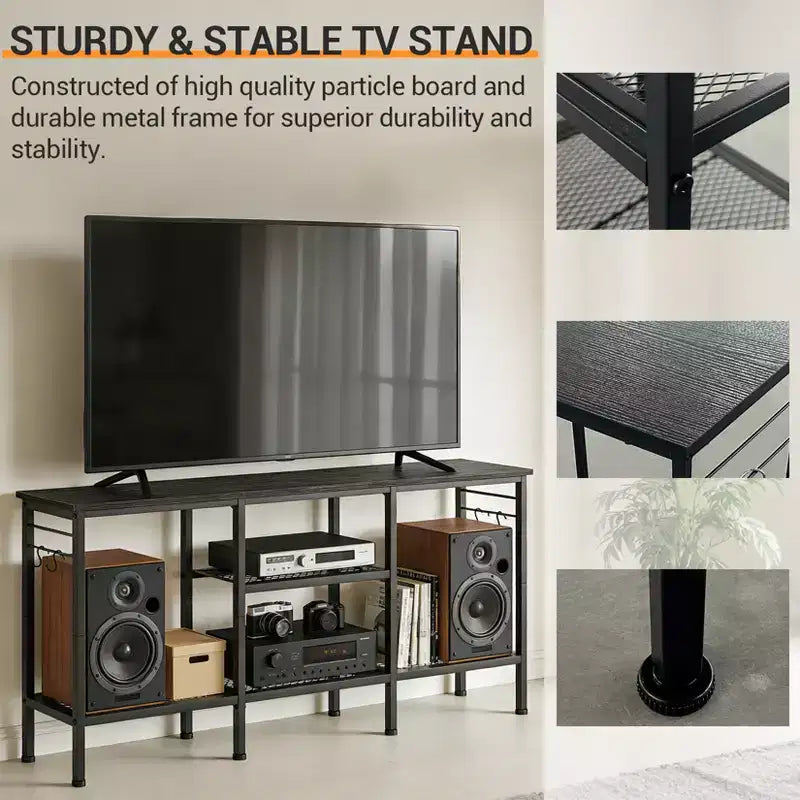 Meuble TV Chêne noir pour téléviseurs jusqu'à 55", étagère ouverte et gestion des câbles, 1 pièce