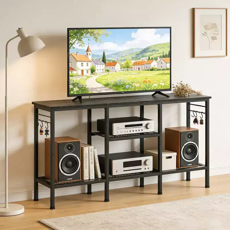 Meuble TV Chêne noir pour téléviseurs jusqu'à 55", étagère ouverte et gestion des câbles, 1 pièce