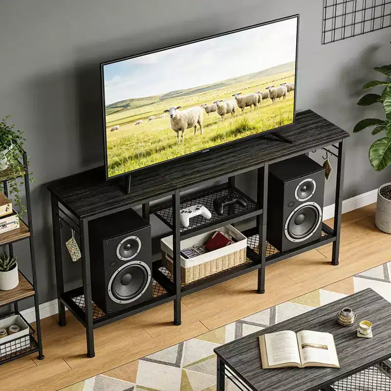 Meuble TV Chêne noir pour téléviseurs jusqu'à 55", étagère ouverte et gestion des câbles, 1 pièce