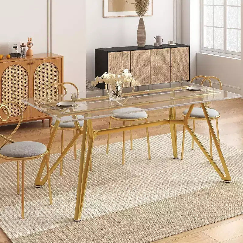 MooxvMoo 71 Modern Rectangular Dining Table for 6 Clear Tempered Glass Top Dinning Table with Gold Metal Legs, Includes Table Runner for Dining Room