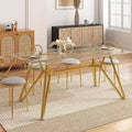 MooxvMoo 71 Modern Rectangular Dining Table for 6 Clear Tempered Glass Top Dinning Table with Gold Metal Legs, Includes Table Runner for Dining Room