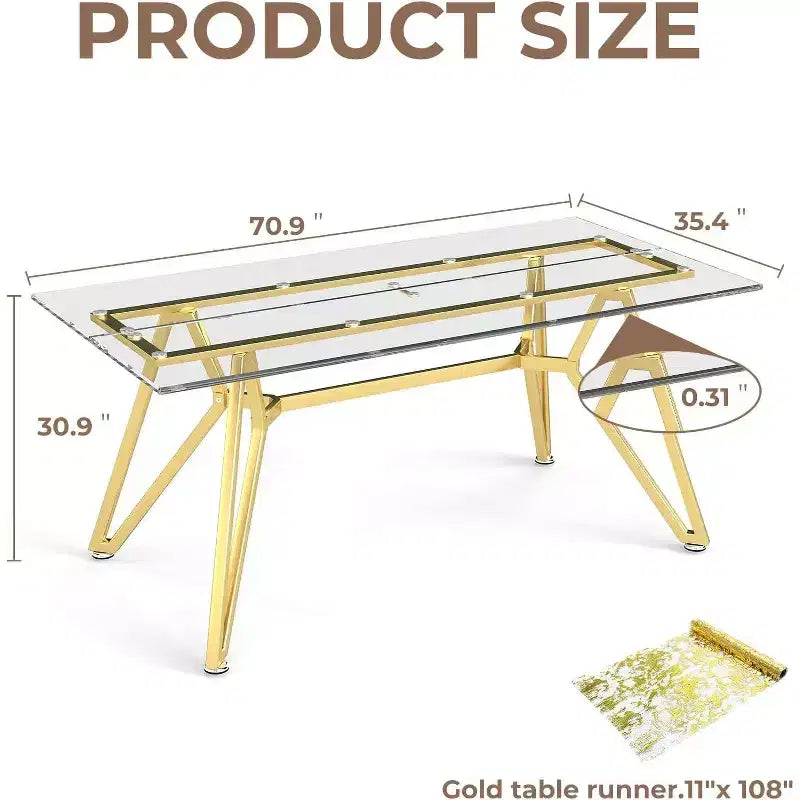 Table à manger rectangulaire en verre transparent avec pieds en métal doré, 6 places