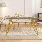Table à manger rectangulaire en verre transparent avec pieds en métal doré, 6 places
