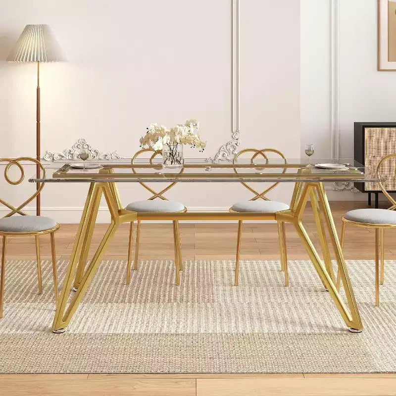 Table à manger rectangulaire en verre transparent avec pieds en métal doré, 6 places