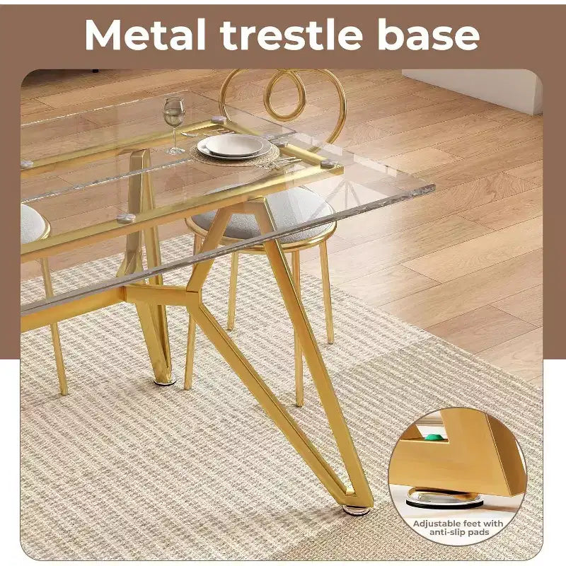 Table à manger rectangulaire en verre transparent avec pieds en métal doré, 6 places