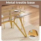 Table à manger rectangulaire en verre transparent avec pieds en métal doré, 6 places