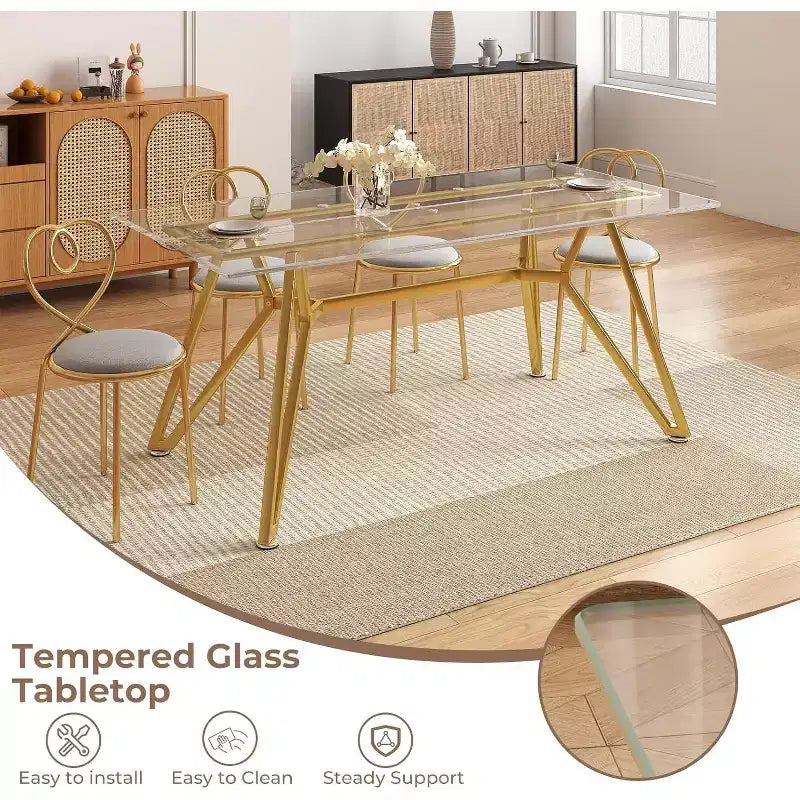 Table à manger rectangulaire en verre transparent avec pieds en métal doré, 6 places