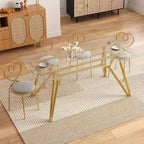 Table à manger rectangulaire en verre transparent avec pieds en métal doré, 6 places