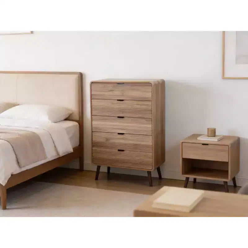 Table de chevet à 5 tiroirs blanche et noyer avec rangement dissimulé – Simple