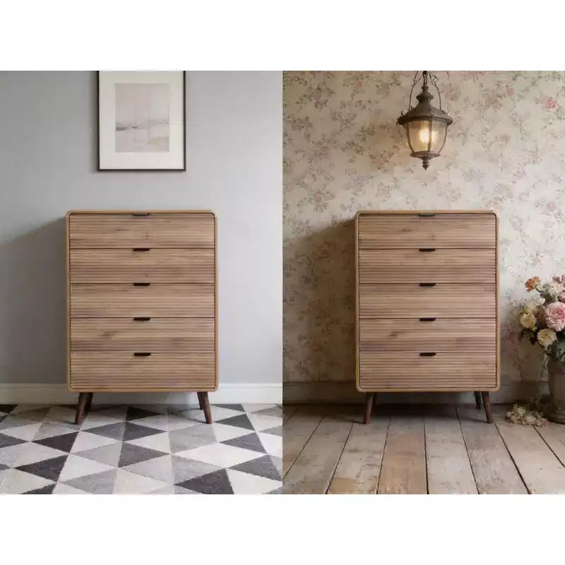 Table de chevet à 5 tiroirs blanche et noyer avec rangement dissimulé – Simple