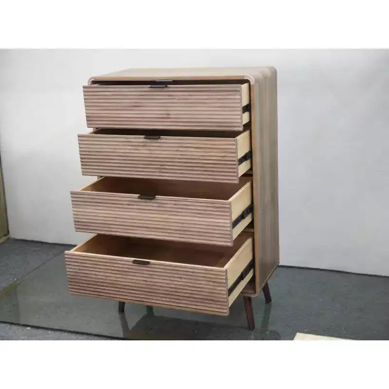 Table de chevet à 5 tiroirs blanche et noyer avec rangement dissimulé – Simple